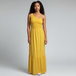 Nine West Mustard Yellow One Shoulder Smocked Maxi Dress XL Tiered Ruffle Boho